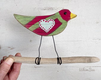Reclaimed wood and driftwood hand painted whimsical love BIRD Valentine’s Day wedding,