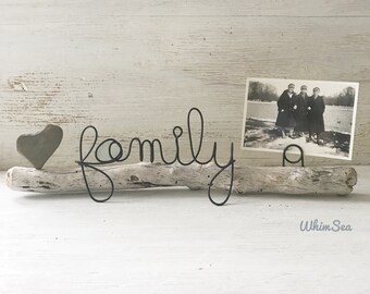 Wire word “family” picture photo holder with sea glass heart stone on driftwood