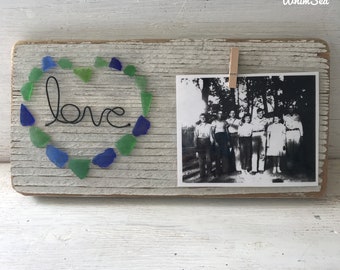 Wire word “love” with real sea glass heart on reclaimed wood picture holder