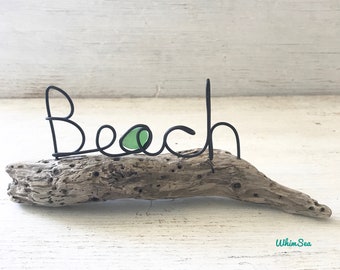 Wire word Beach with green sea glass on driftwood sculpture art