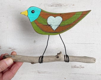 Whimsical hand painted love BIRD driftwood and reclaimed wood Valentine’s Day wedding birthday