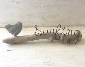 Love heart Surf Surfing beach sculpture with heart stone on driftwood