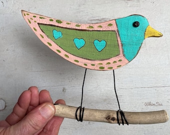 Reclaimed wood and driftwood hand painted love BIRD wall hanging Valentine wedding anniversary