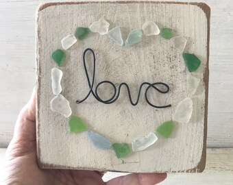 Wire word love and sea glass on wood wall art beach decor