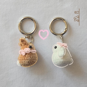 May include: Two bunny keychains. One is brown with a pink bow, the other is white with a pink bow. Both have silver key rings. A pink heart is between them.