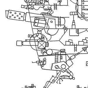 May include: Abstract black and white line drawing of a complex structure with geometric shapes, ladders, and figures. The artwork features a mechanical or architectural theme, with various interconnected components and a sense of depth.