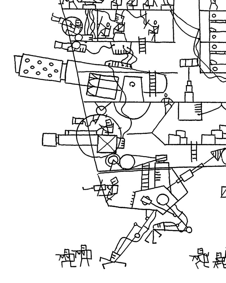 May include: Abstract black and white line drawing of a complex structure with geometric shapes, ladders, and figures. The artwork features a mechanical or architectural theme, with various interconnected components and a sense of depth.