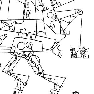 May include: A black and white line drawing of a mechanical structure with multiple components, including gears, levers, and what appears to be a fan. Small figures are positioned throughout the structure, suggesting scale and interaction. The style is reminiscent of an engineering blueprint.