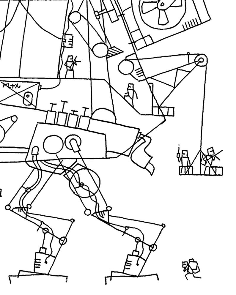 May include: A black and white line drawing of a mechanical structure with multiple components, including gears, levers, and what appears to be a fan. Small figures are positioned throughout the structure, suggesting scale and interaction. The style is reminiscent of an engineering blueprint.
