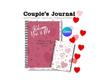 Puede incluir: Un diario con espiral con el texto "Between You & Me" y "Treasured Moments of Love" en la portada. Un cuaderno más pequeño con patrones de corazones está al lado. La imagen incluye corazones rojos y rosas, y el texto "Couple's Journal".
