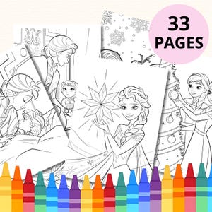 May include: A coloring book with 33 pages featuring line art of characters from a popular animated movie. The pages are black and white, with images of the characters in various scenes. A row of colorful crayons is at the bottom.
