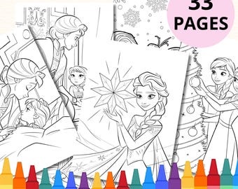 Frozen Coloring Pages for Kids, Elsa and Anna PDF Bundle, 33 Printable Disney Sheets, Winter Activity Book, Instant Download