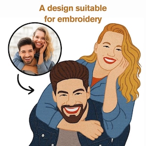 Könnte beinhalten: Illustration eines Paares, wobei die Frau den Mann von hinten umarmt. Das Bild enthält ein kleineres rundes Foto des Paares. Der Text oben lautet "A design suitable for embroidery."