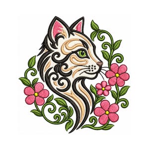 May include: An embroidery design featuring a cat profile in cream, black, and pink, surrounded by green swirling vines and five-petaled pink flowers with yellow centers. The cat has green eyes and intricate black and cream scrollwork patterns.