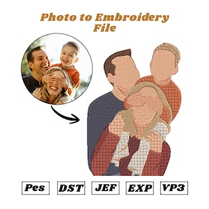 May include: An embroidered design of a family, with a father holding a child. The image includes a photo of the family in a circle. The text "Photo to Embroidery File" is at the top. Below are file type abbreviations: PES, DST, JEF, EXP, VP3.