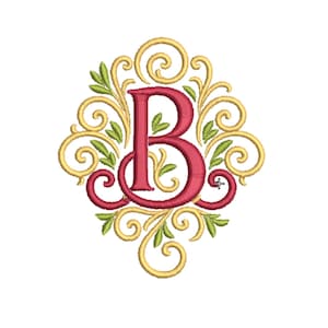 Peut inclure: Lettre "B" brodée dans un motif floral décoratif. La lettre est d'un rouge profond, entourée de volutes dorées et de feuilles vertes, le tout sur fond blanc. Le design est complexe et détaillé.