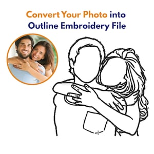 Puede incluir: Imagen con el texto "Convierte tu foto en un archivo de bordado de contorno". Un dibujo lineal de una pareja abrazándose, con una foto de la pareja en un círculo en la esquina superior izquierda.