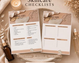 Printable Hautpflege Checkliste | Morgen- & Abendritual | Ausgefüllte + leere Seiten | Selbstfürsorge-Tracker | A4 + US Letter PDF