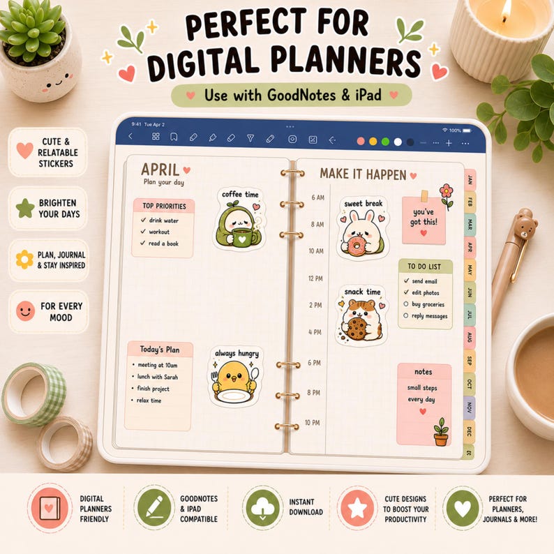 Leuke digitale plannerstickersbundel, 100 PNG-stickers, GoodNotes-stickers, stickers voor het dagelijks leven, zelfzorg, gezellige stijl, iPad-dagboekstickers afbeelding 6