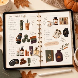 May include: An open planner for October featuring a wellness-themed layout with illustrations of a water bottle, coffee cup, sneakers, smartwatch, yoga mat, dumbbells, skincare products, a notebook, and a hot water bottle with autumn leaf motifs.