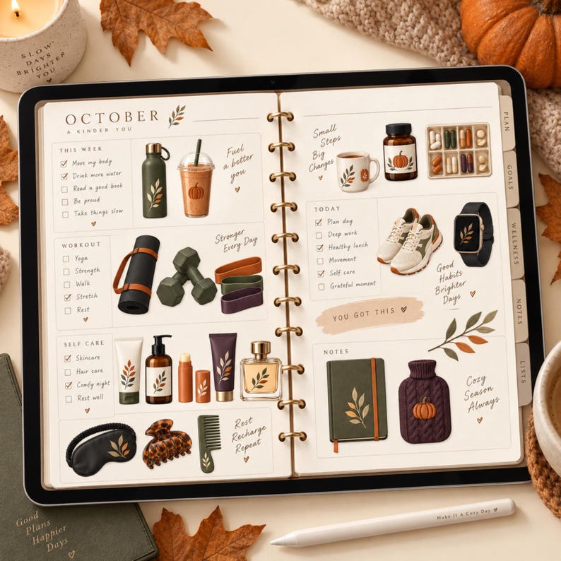 May include: An open planner for October featuring a wellness-themed layout with illustrations of a water bottle, coffee cup, sneakers, smartwatch, yoga mat, dumbbells, skincare products, a notebook, and a hot water bottle with autumn leaf motifs.