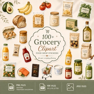 May include: A collection of grocery clipart stickers featuring illustrations of produce, pantry staples, snacks, and condiments, including items like avocado, bananas, tomatoes, pasta, rice, eggs, peanut butter, juice, ketchup, salmon, and a shopping cart.