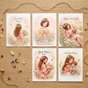 May include: A collection of six Mother's Day greeting cards. Each card features watercolor illustrations of women and children, surrounded by flowers and butterflies. The cards have text that reads "Love You Mom", "Happy Mother's Day", and "Best Mom Ever".