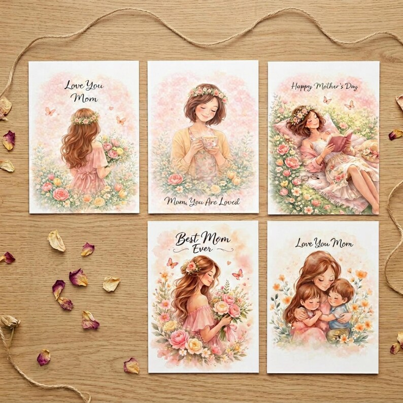 May include: A collection of six Mother's Day greeting cards. Each card features watercolor illustrations of women and children, surrounded by flowers and butterflies. The cards have text that reads "Love You Mom", "Happy Mother's Day", and "Best Mom Ever".