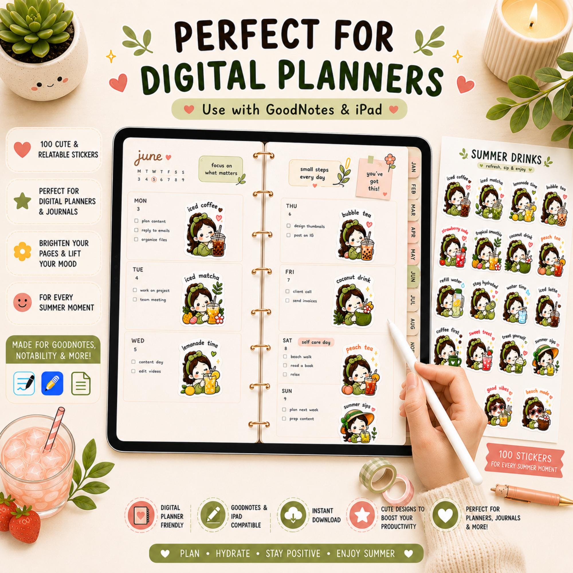 Cute Summer Digital Planner Stickers Bundle, 100 PNG Stickers ...