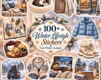 May include: A collection of 100+ winter lifestyle stickers featuring illustrations of snowy landscapes, a cat in a bed, a handbag, a bakery, a journal, a charcuterie board, a puffer jacket, boots, a car, hot cocoa, and a hot tub.