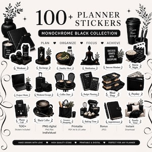 May include: A collection of over 100 monochrome black planner stickers featuring various lifestyle icons and labels such as Workout, Healthy Meal, Meditation, and Payday. The set includes digital PNG files and printable PDF formats for A4 and US Letter sizes.