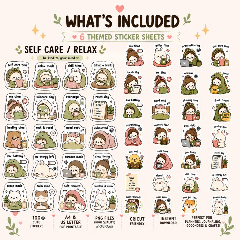 Leuke digitale plannerstickersbundel, 100 PNG-stickers, GoodNotes-stickers, stickers voor het dagelijks leven, zelfzorg, gezellige stijl, iPad-dagboekstickers afbeelding 4