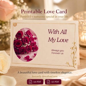 Printable Romantic Love Card for Him Her, Anniversary & Valentine’s Day Card, Elegant Couple Greeting Card, Digital Download