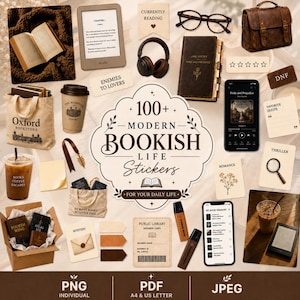 Może przedstawiać: Kolekcja naklejek o tematyce książkowej z centralną etykietą z napisem 100+ MODERN BOOKISH LIFE STICKERS, otoczona ilustracjami książek, czytników e-booków, kubków z kawą, słuchawek, okularów, skórzanej torby i różnych notatek czytelniczych.