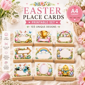 103 Easter Place Cards Printable Bundle | Bunny & Egg Name Tags | Easter Table Decor | A4 PDF PNG JPG | Instant Download