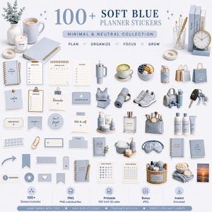 Meer dan 100 zachtblauwe plannerstickers | Blauwe digitale plannerstickers | Goodnotes-stickers | Minimalistische planner | Dagboekstickers | Printbare PNG- en PDF-bestanden