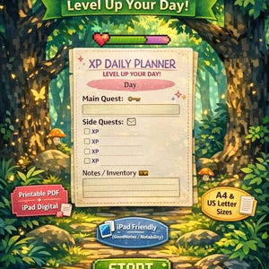 Puede incluir: Planificador diario digital XP con tema de bosque. El planificador incluye secciones para misiones principales y secundarias, notas e inventario. Presenta el texto "XP Daily Planner Level Up Your Day!" y está disponible en tamaños A4 y US Letter.