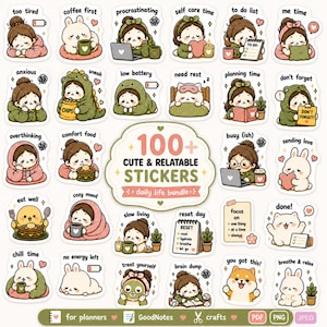 Cute Digital Planner Stickers Bundle, 100 PNG Stickers, GoodNotes Stickers, Daily Life, Self Care, Cozy Aesthetic, iPad Journal Stickers