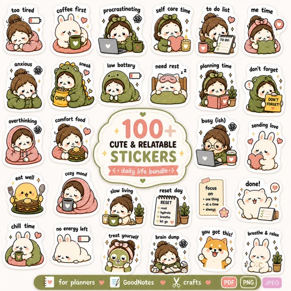 Cute Digital Planner Stickers Bundle, 100 PNG Stickers, GoodNotes Stickers, Daily Life, Self Care, Cozy Aesthetic, iPad Journal Stickers