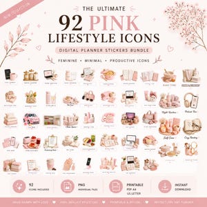 Peut inclure: Un ensemble numérique de 92 icônes lifestyle roses pour agendas, présentant diverses illustrations d'activités quotidiennes, d'articles ménagers et de produits de soin. Le lot inclut des fichiers PNG et des formats PDF imprimables.