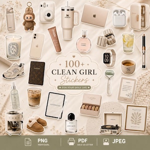 Può includere: Una collezione di adesivi digitali in tonalità beige e neutre con articoli lifestyle tra cui un bicchiere Stanley, dispositivi Apple, prodotti per la cura della pelle, una macchina da caffè Smeg, un giradischi, scarpe da ginnastica e un'etichetta centrale con la scritta 100+ CLEAN GIRL Stickers.
