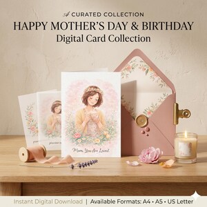 May include: A curated collection of digital Mother's Day and Birthday cards. The cards feature watercolor illustrations of a woman with flowers, with the text "Mom, You Are Loved." Includes a pink envelope, candle, and floral accents.