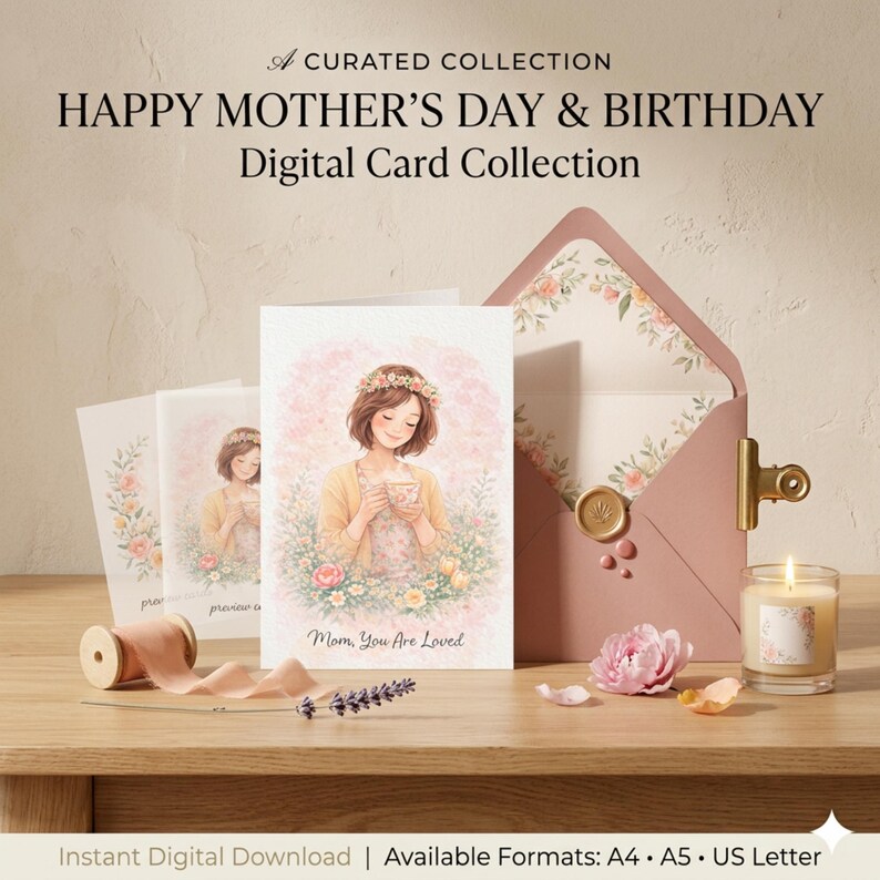 May include: A curated collection of digital Mother's Day and Birthday cards. The cards feature watercolor illustrations of a woman with flowers, with the text "Mom, You Are Loved." Includes a pink envelope, candle, and floral accents.
