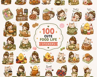 Bundel met schattige voedselstickers, 100 png-stickers, GoodNotes-stickers, leuke voedselplanner, stickers gezellige keuken, kawaii dagboek, iPad-stickers
