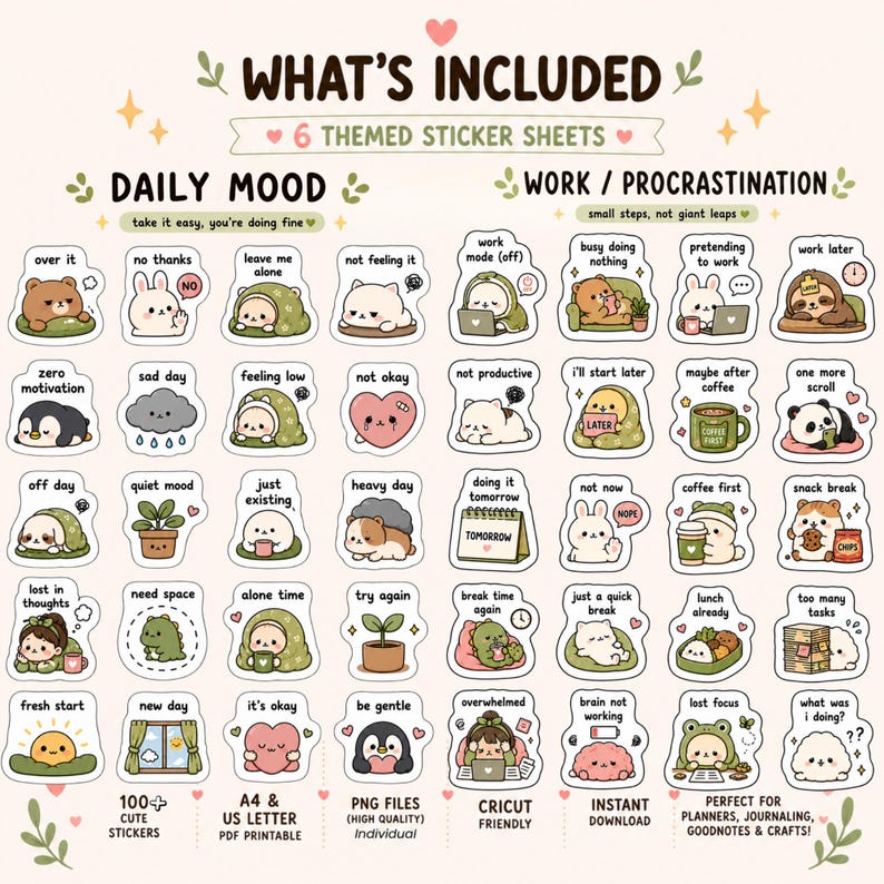 Leuke digitale plannerstickersbundel, 100 PNG-stickers, GoodNotes-stickers, stickers voor het dagelijks leven, zelfzorg, gezellige stijl, iPad-dagboekstickers afbeelding 2