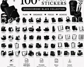 100+ zwart-wit zwarte plannerstickers | Digitale stickerbundel voor Goodnotes | Esthetische pictogrammen voor productiviteit en levensstijl