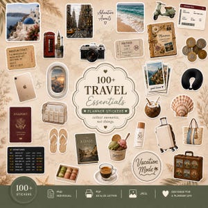 May include: A collection of travel-themed planner stickers featuring illustrations of a passport, camera, suitcase, airplane window, beach scenes, city landmarks, a boarding pass, coins, a neck pillow, sunscreen, and a gelato cup with the text 100+ TRAVEL ESSENTIALS.