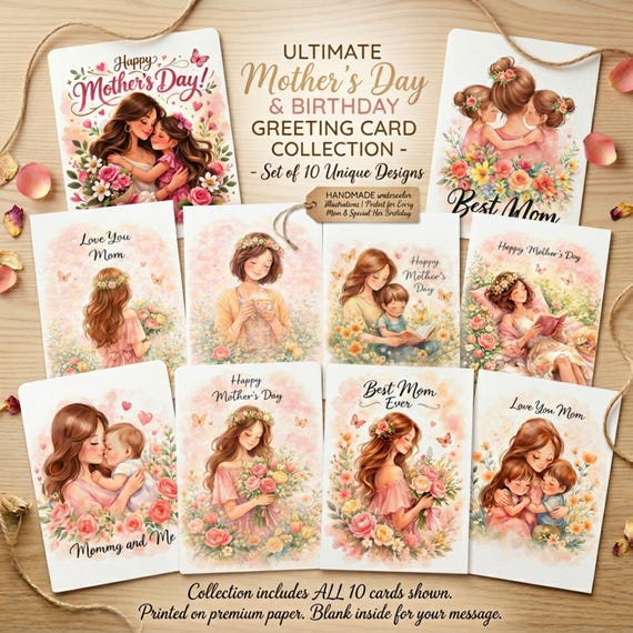 Mother’s Day Printable Card Bundle – 10 Mom Cards – Instant Download Mom Greeting Cards – A4 A5 US Letter Printable – Mom Birthday Card