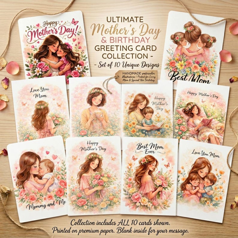 May include: A collection of ten Mother's Day and birthday greeting cards. Each card features watercolor illustrations of mothers and children, with floral and butterfly accents. The cards have messages like "Happy Mother's Day" and "Best Mom Ever".
