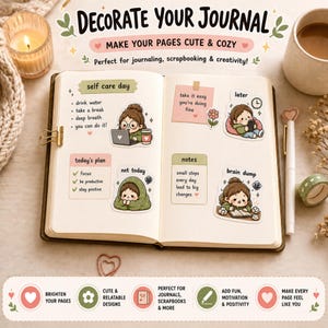 Leuke digitale plannerstickersbundel, 100 PNG-stickers, GoodNotes-stickers, stickers voor het dagelijks leven, zelfzorg, gezellige stijl, iPad-dagboekstickers afbeelding 7